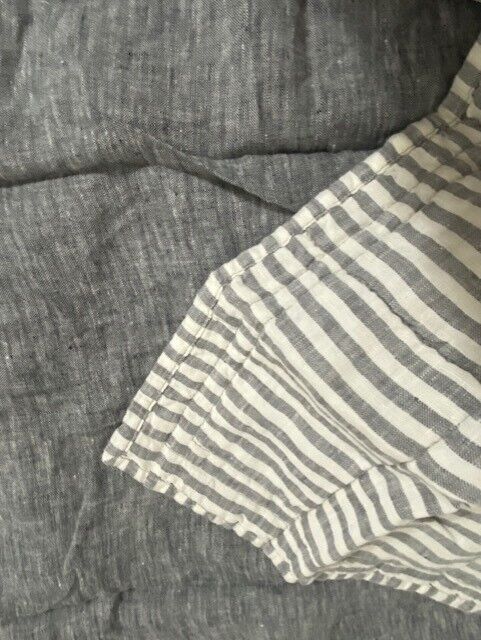 West Elm 100% Linen Wide Stripe Quilted King Sham, Charcoal & White