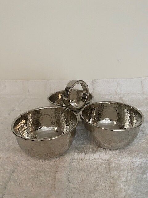 Pottery Barn 3 Bowl Condiment Dish, Stainless Steel