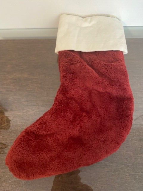 Pottery Barn Plush Faux Fur Stocking, 17 x 12 in, Red with Ivory Velvet Cuff