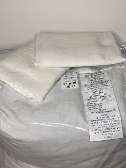 Pottery Barn King Lounger Feather Pillow & 2 Belgian Linen Shams, White