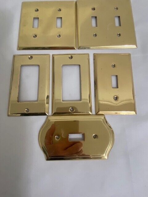 Solid Polished Brass Switch plates 2 Dbl, 4 single ( 2 toggle, 2 rocker)