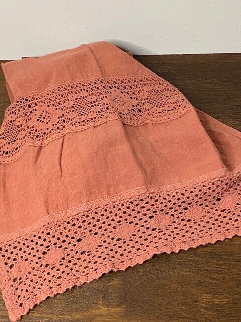 Green Row LINEN CROCHET INSET TABLE RUNNER, 18 x 108 in, Rust