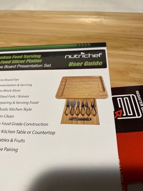 Nutrichef Bamboo Food Slicing and Serving Platter with 6-Knife, Fork Utensils