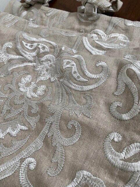 Custom made Linen Blend Embroidered Curtain Panel, Tie top -30 x 98 in