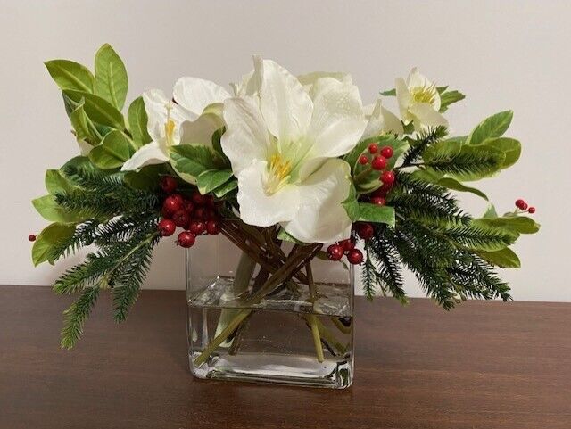 Pottery Barn Faux Amaryllis Mixed Holiday Arrangement in Glass Vase