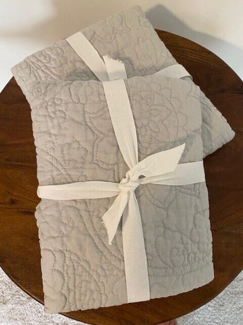 Pottery Barn 100% Belgian Flax Linen Floral Stitch Quilted Euro Shams, Soft Gray