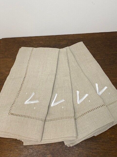 Pottery Barn Large Hemstitch 22 x 22 in Linen Napkins, Flax, "V" Monogram