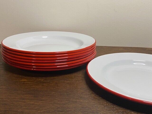 Crow Canyon Enamelware, Vintage 10.5" Coupe Dinner Plate, White/Red Rim-Set 4