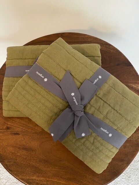 West Elm Set of 2 Belgian Flax Linen Lined Quilted Standard Shams, Olive