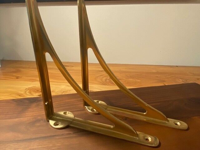 Rejuvenation Arched Shelf Brackets 8 in, Aged Brass and Walnut Shelf-24 x 8 in