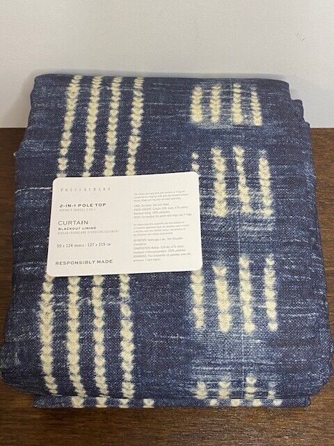 Pottery Barn Shibori Dot Rod Pocket Linen Blackout Curtain  50x124 in, Blue