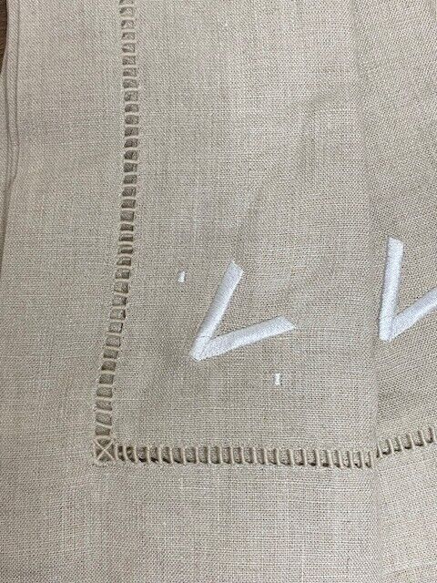 Pottery Barn Large Hemstitch 22 x 22 in Linen Napkins, Flax, "V" Monogram