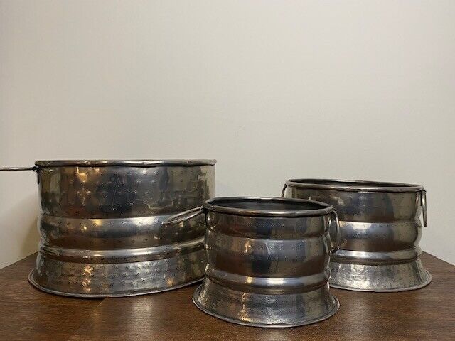 Set of 3 Stamped Metal Planters with Loop Handles, 12 ", 9 1/2 ", 7 "