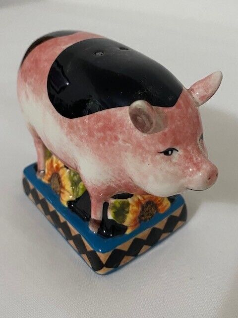 Pig salt Shaker with sunflower base. pink, blue, black and yellow