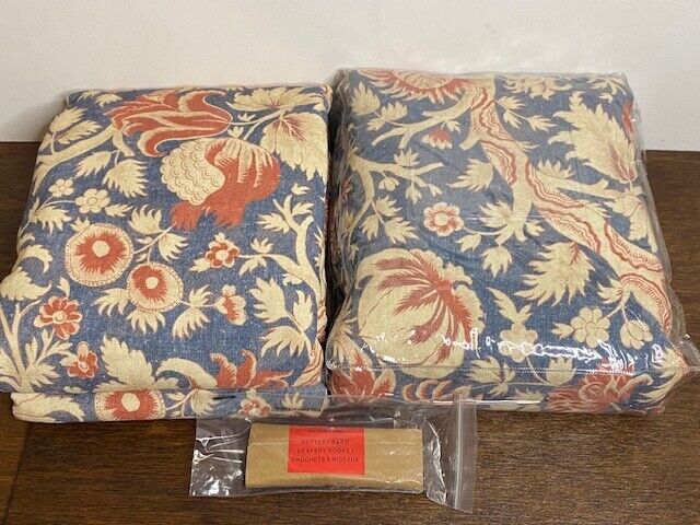 Pottery Barn Set 2 Farrell Print Cotton/Linen Blackout Panels 50x84, Blue & Rust