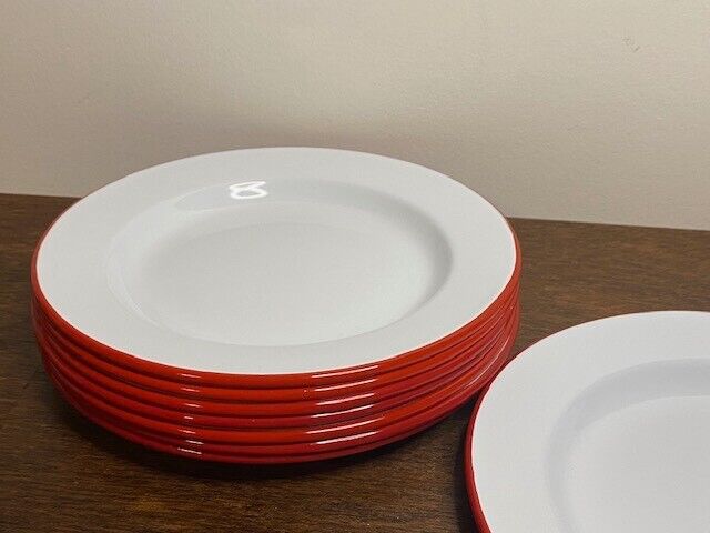 Crow Canyon Enamelware, Vintage 10.5" Coupe Dinner Plate, White/Red Rim-Set 4