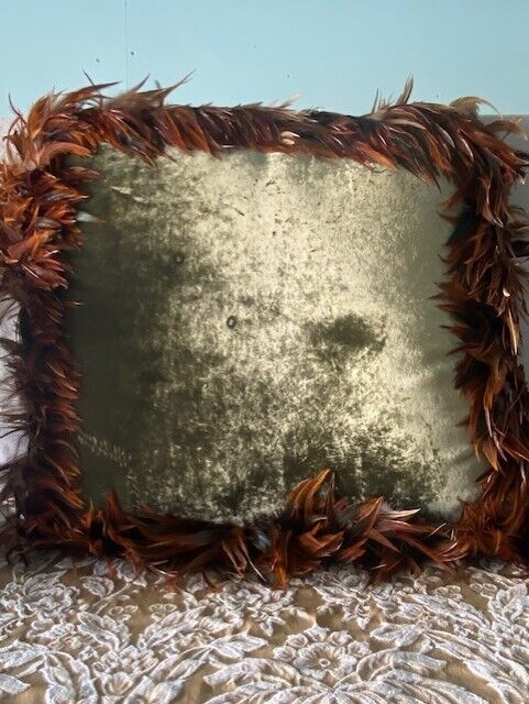 Rich Moss Green Velvet Pillow trimmed with Pheasant Feathers