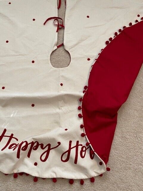 Southern Living Embroidered Pom Pom Tree Skirt, Red & Ivory