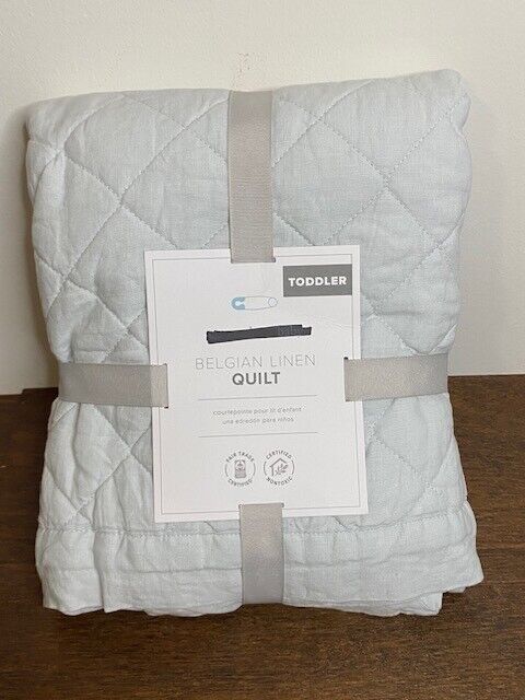 Pottery Barn Kids Belgian Flax Linen Toddler Quilt 36 x 50 in, Blue Frost