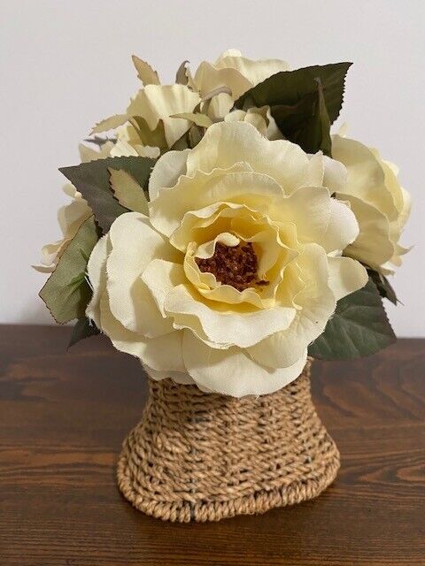 Small Weighted Silk Rose Arrangement in Wicker Basket