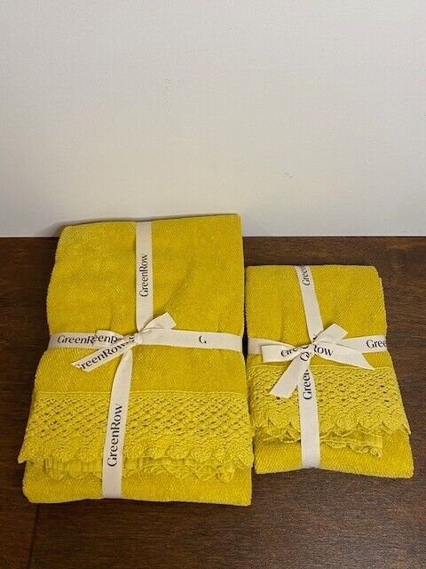 Green Row COTTON CROCHET BATH & HAND TOWEL, Citron