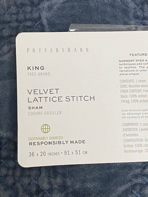 Pottery BarnVelvet Lattice Stitch King Sham, Cobalt