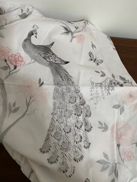 Pottery Barn Kids Demi Crib Fitted Sheet, Pink & Silver Peacocks