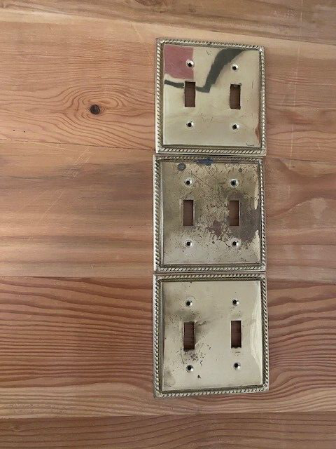 Vintage Solid Brass Electrical Plates, 3 Dbl Switch with rope design border