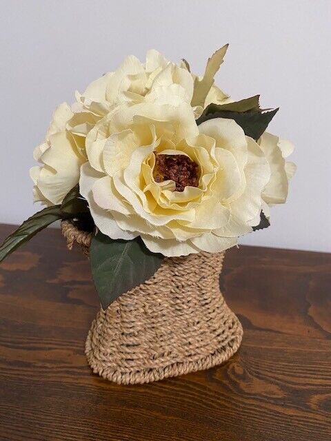 Small Weighted Silk Rose Arrangement in Wicker Basket