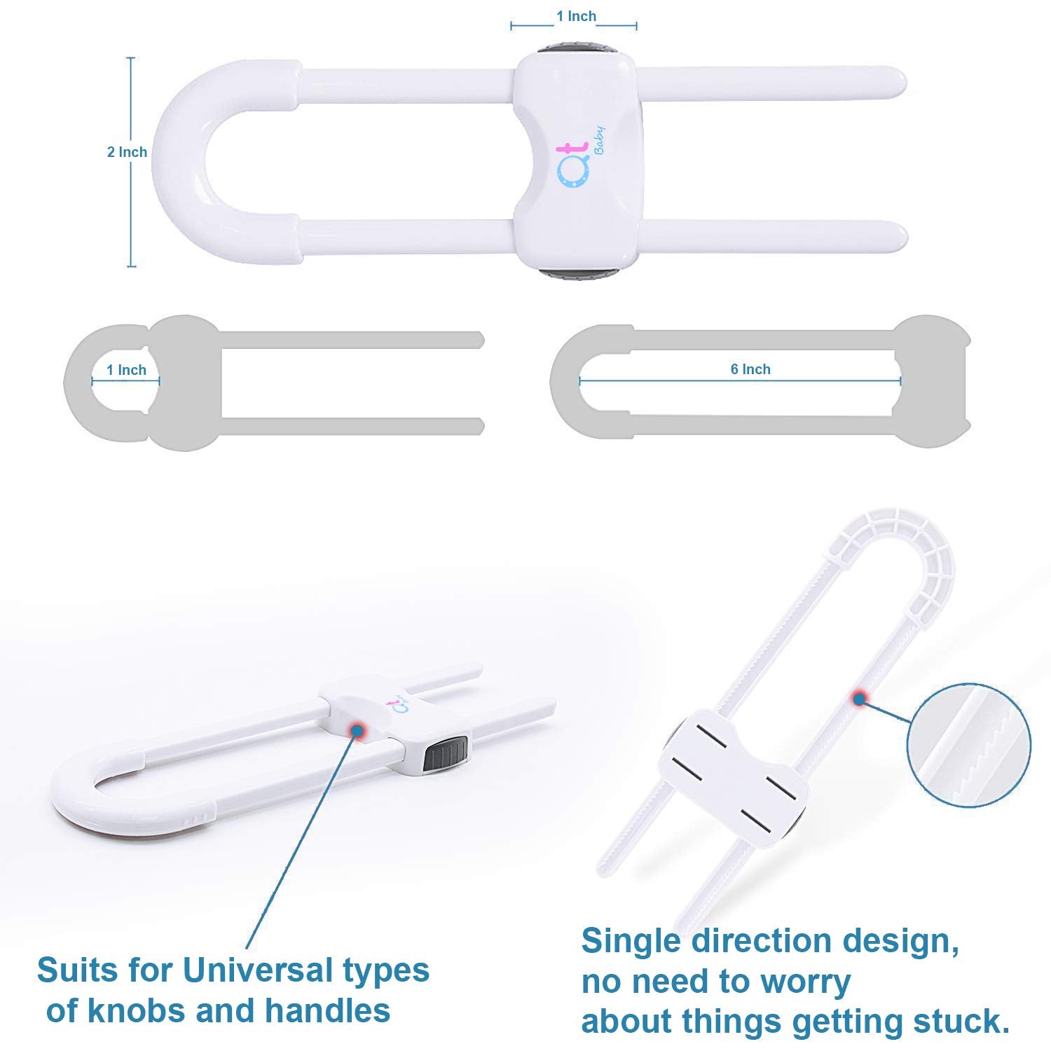 Baby Proofing Cabinet Locks Adjustable U Shaped Baby Safety Latches for Drawers, Fridge, Closet Modern Baby Proofing Cabinet Lock with Extra Secure Lock Buttons (Pack of 6, White)