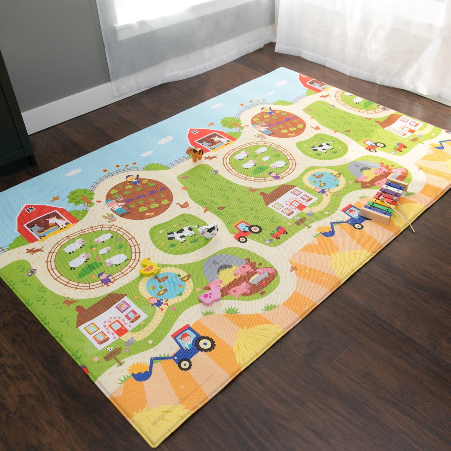 Play Mat - Playful Collection (Busy Farm, Medium) - Play Mat for Infants – Non-Toxic Baby Mat – Cushioned Baby Mat Waterproof Playmat – Reversible Double-Sided Kindergarten Mat