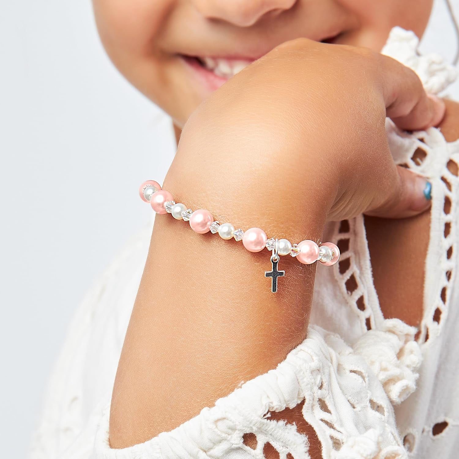 Sterling Silver Cross Charm Bracelets for Girls- Baptism Gifts for Girl with Rosaline and White Simulated Pearls, Best Gift For, First Communion, Baptism or Christening