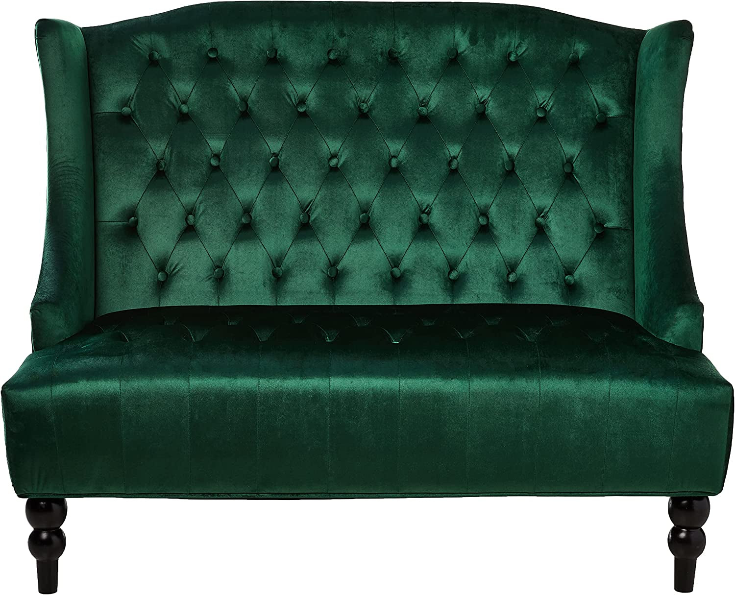 Leora Modern Glam Tufted Velvet Wingback Loveseat, Emerald / Dark Brown