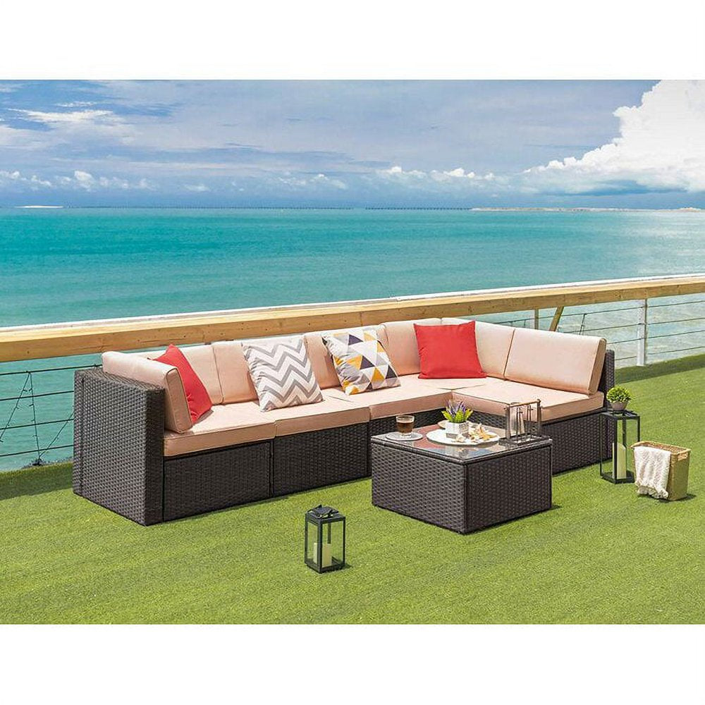 6 Pieces Outdoor Sectional Sofa Set PE Wicker Rattan Sectional Seating Group with Cushions and Table, Beige, Sectional Sets