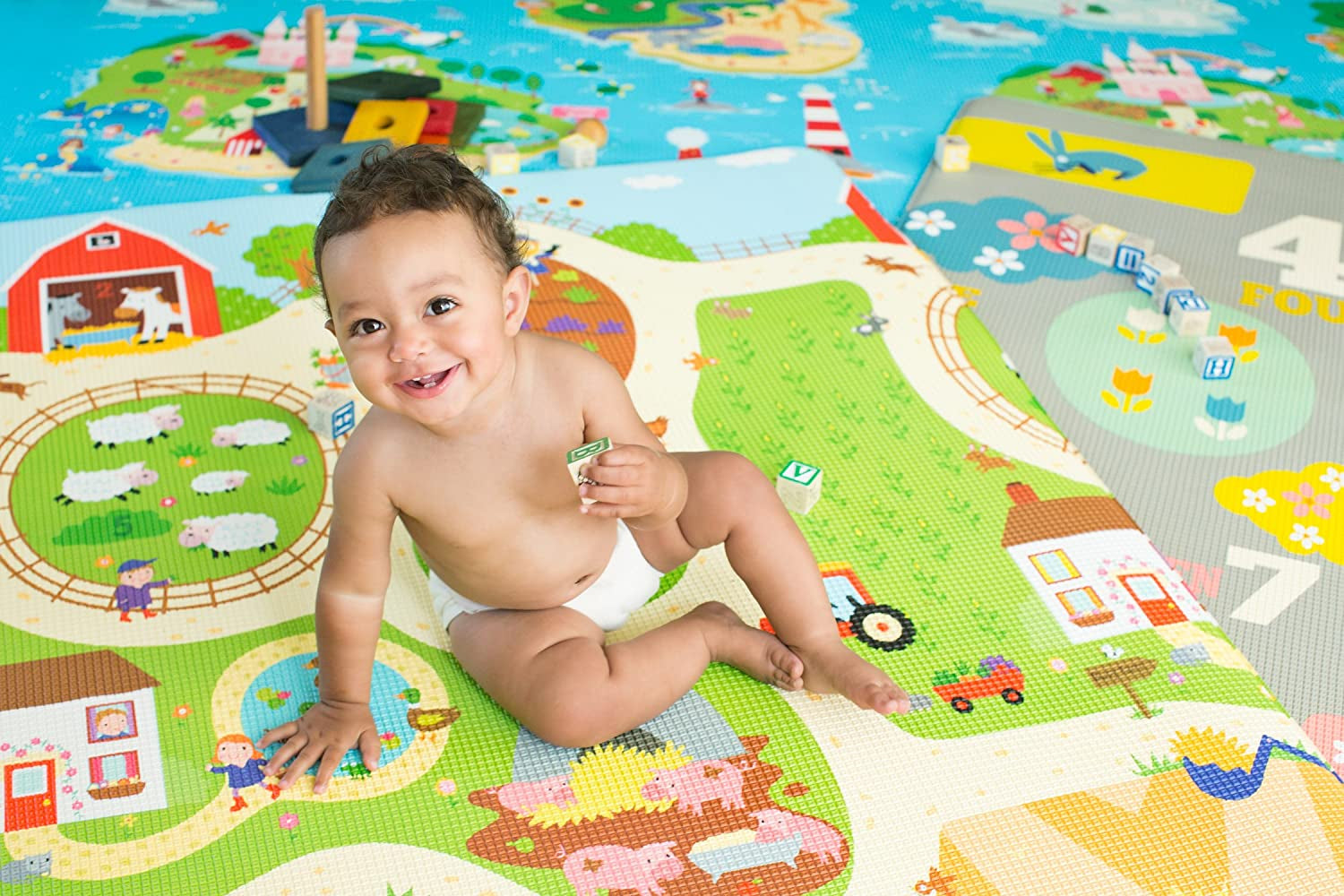 Play Mat - Playful Collection (Busy Farm, Medium) - Play Mat for Infants – Non-Toxic Baby Mat – Cushioned Baby Mat Waterproof Playmat – Reversible Double-Sided Kindergarten Mat