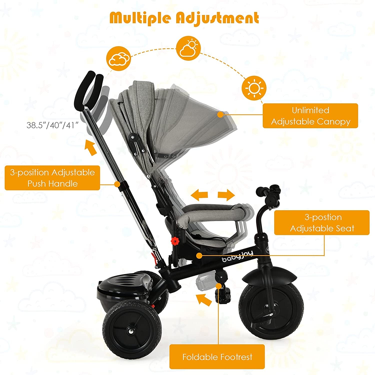 Toddler Tricycle, 4-In-1 Steer Tricycle W/Adjustable Push Handle & Canopy, Detachable Guardrail, Safety Harness, Foldable Footrest, Storage, Double Brakes, Push Bike for 1-6 Years Old, Gray