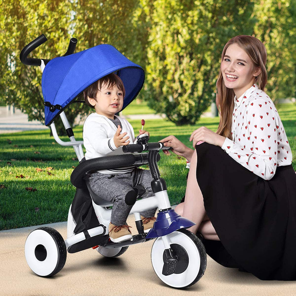 Tricycle for Toddlers, Folding Trike W/Adjustable Parent Handle, Canopy, Storage Bag, Safety Harness & Wheel Brakes, Baby Push Tricycle Stroller for Kids Boys Girls Aged 1-5 Years Old