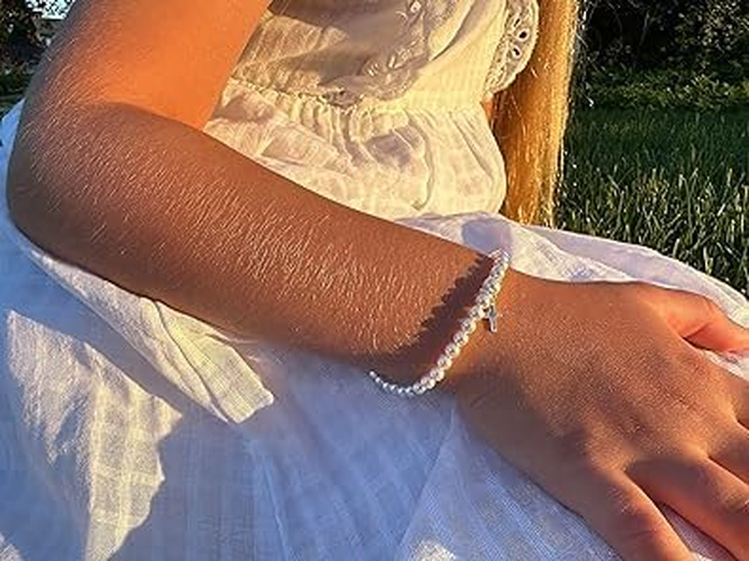 Baptism Pearl Bracelet for Girls, Sterling Silver Cross Charm Baptism Gifts for Girl with White European Simulated Pearls, Elegant Girls Jewelry