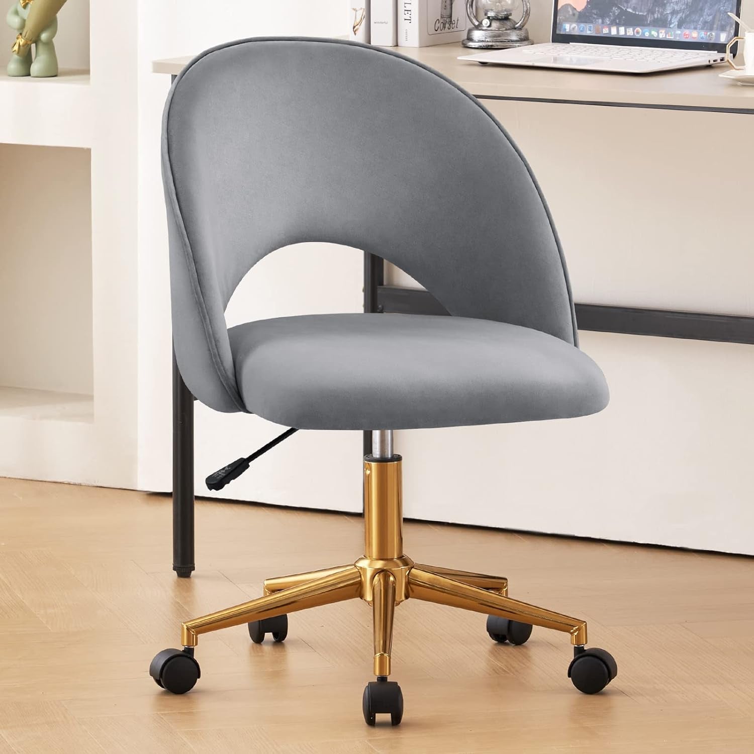 Home Office Chair Modern Swivel Vanity Chair with Gold Base Armless Cute Task Chair Mid-Back Desk Chair with Wheels for Dorm Living Room Bedroom Studying Room Vanity Room(Light Grey)