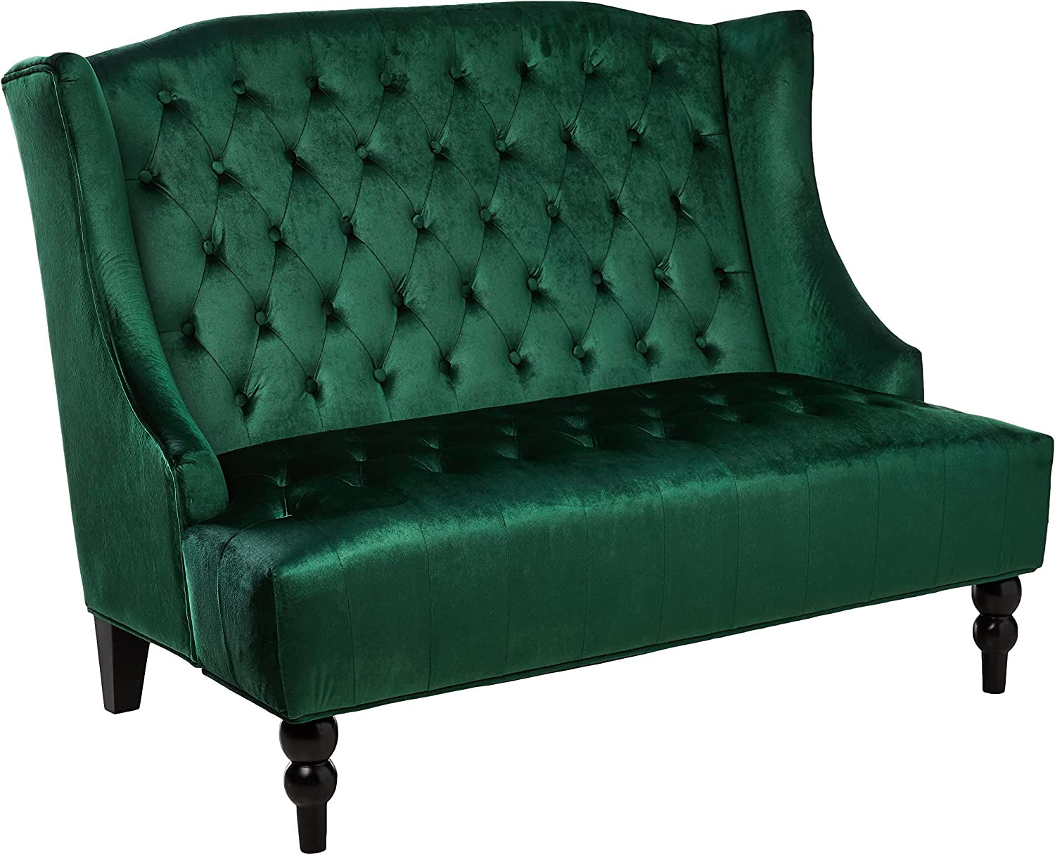 Leora Modern Glam Tufted Velvet Wingback Loveseat, Emerald / Dark Brown