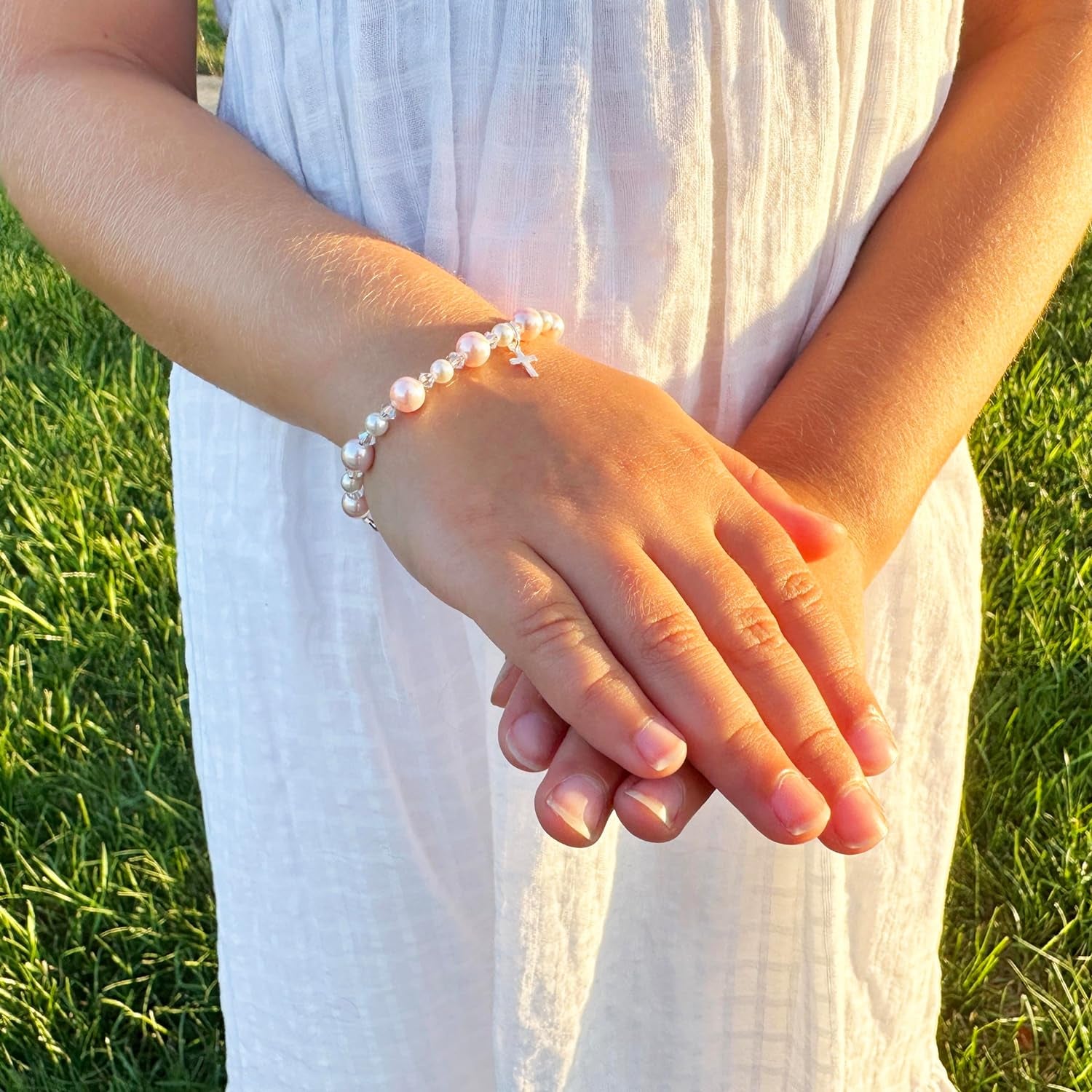 Sterling Silver Cross Charm Bracelets for Girls- Baptism Gifts for Girl with Rosaline and White Simulated Pearls, Best Gift For, First Communion, Baptism or Christening