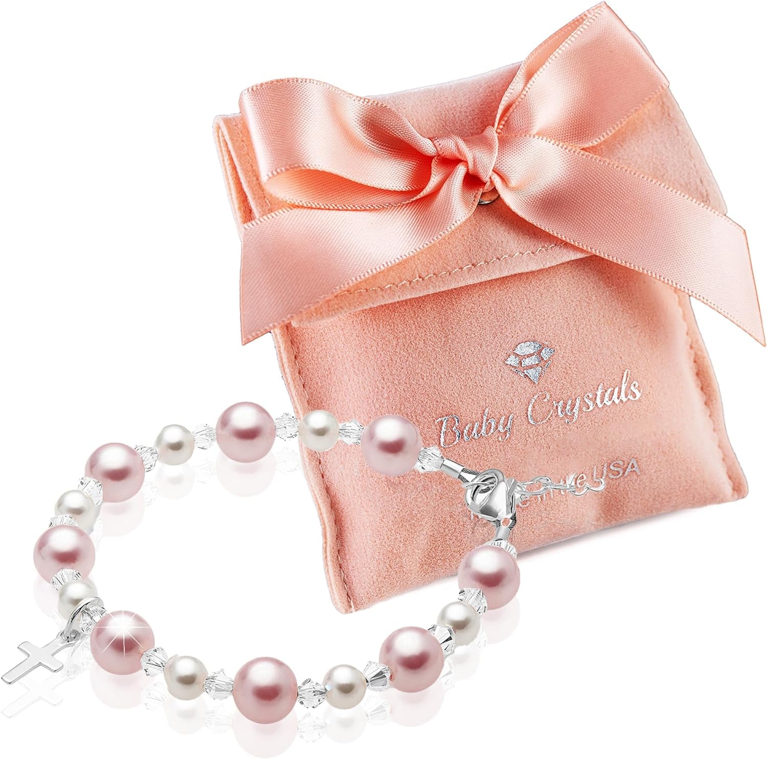 Sterling Silver Cross Charm Bracelets for Girls- Baptism Gifts for Girl with Rosaline and White Simulated Pearls, Best Gift For, First Communion, Baptism or Christening