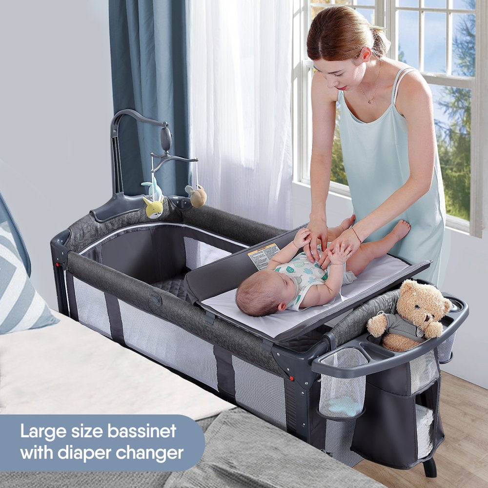 Unisex Infant Flat Bedside Sleeper Bassinet, Diaper Changing Table with Wheels and Floding Frame for 0-36 Mmonths Baby (Grey)