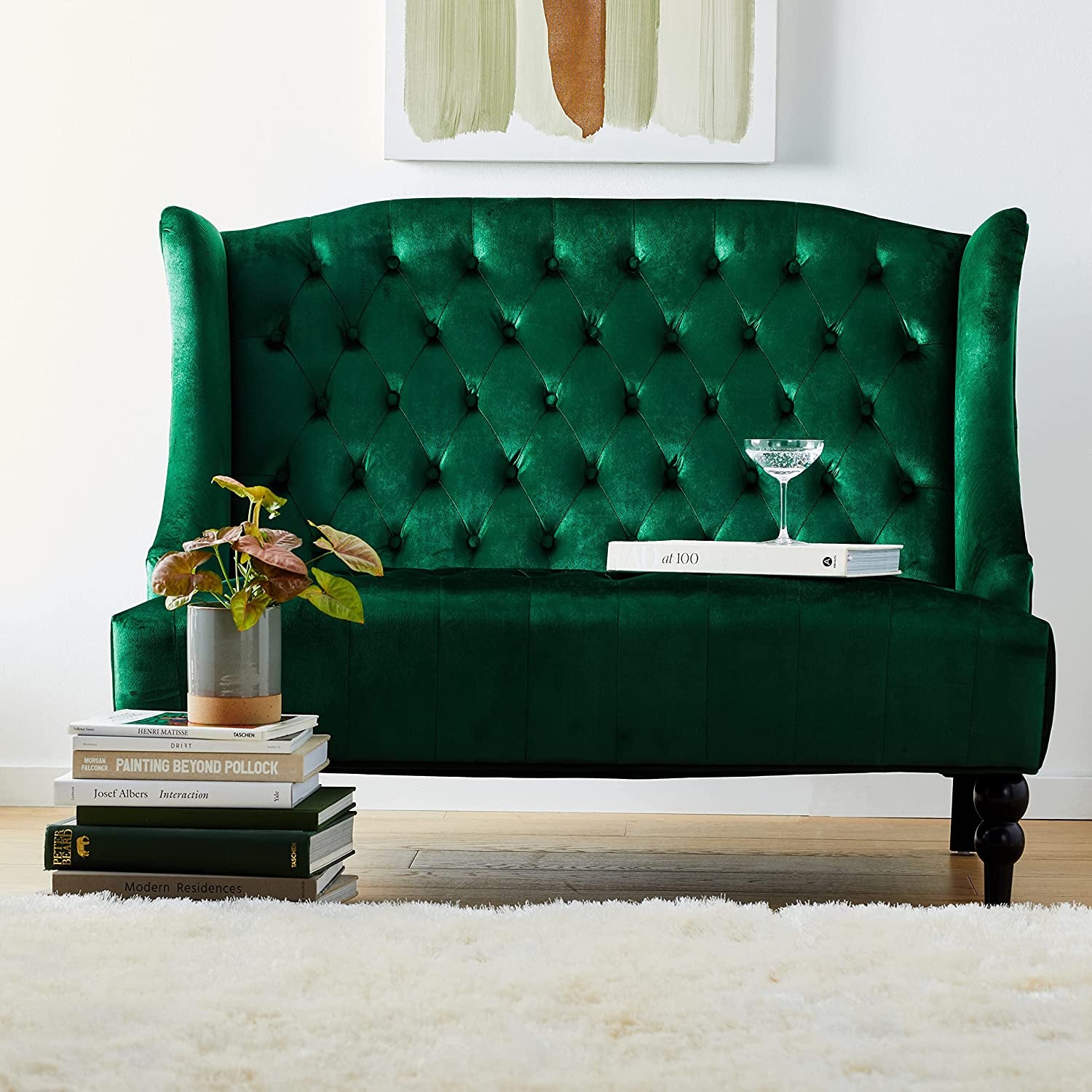 Leora Modern Glam Tufted Velvet Wingback Loveseat, Emerald / Dark Brown