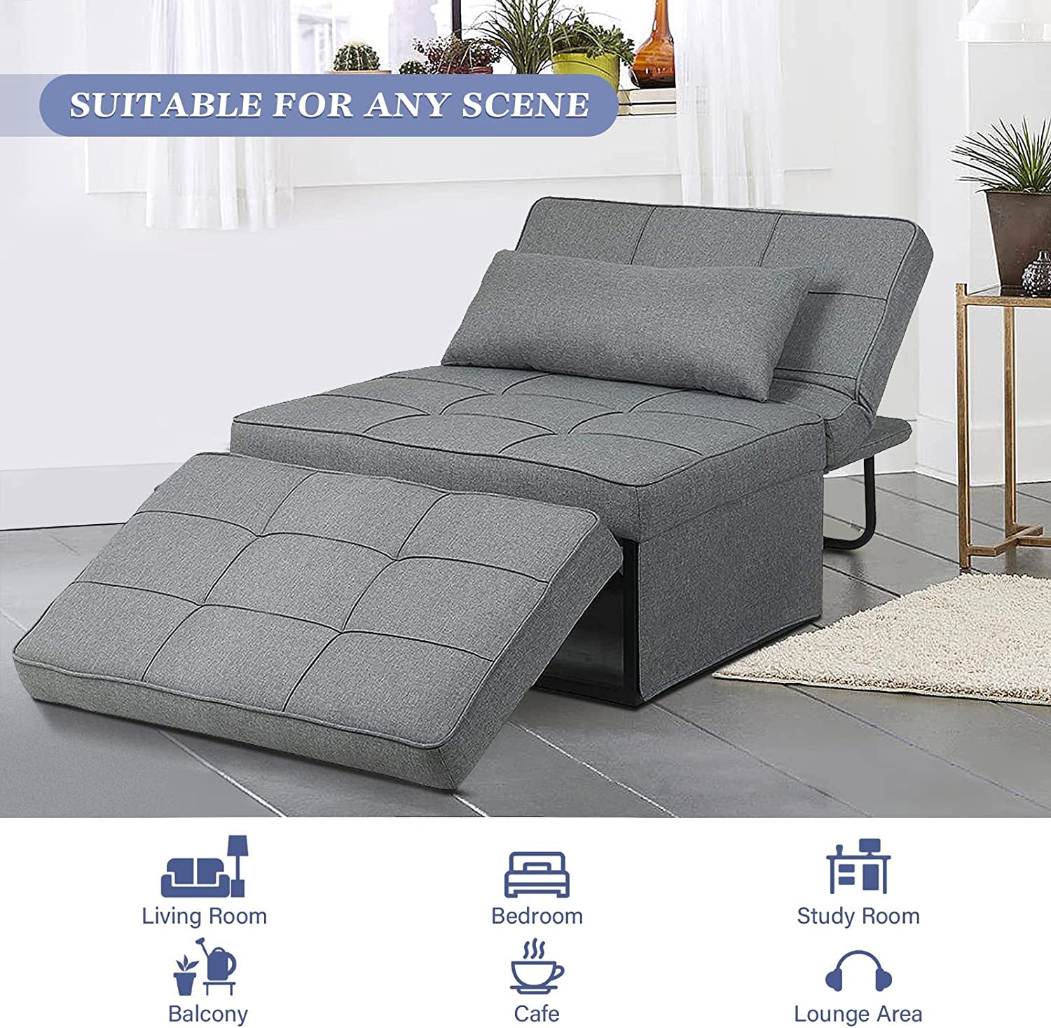 Sofa Bed, 4 in 1 Multi Function Folding Ottoman Sleeper Bed, Modern Convertible Chair Adjustable Backrest Sleeper Couch Bed for Living Room/Small Apartment, Light Gray