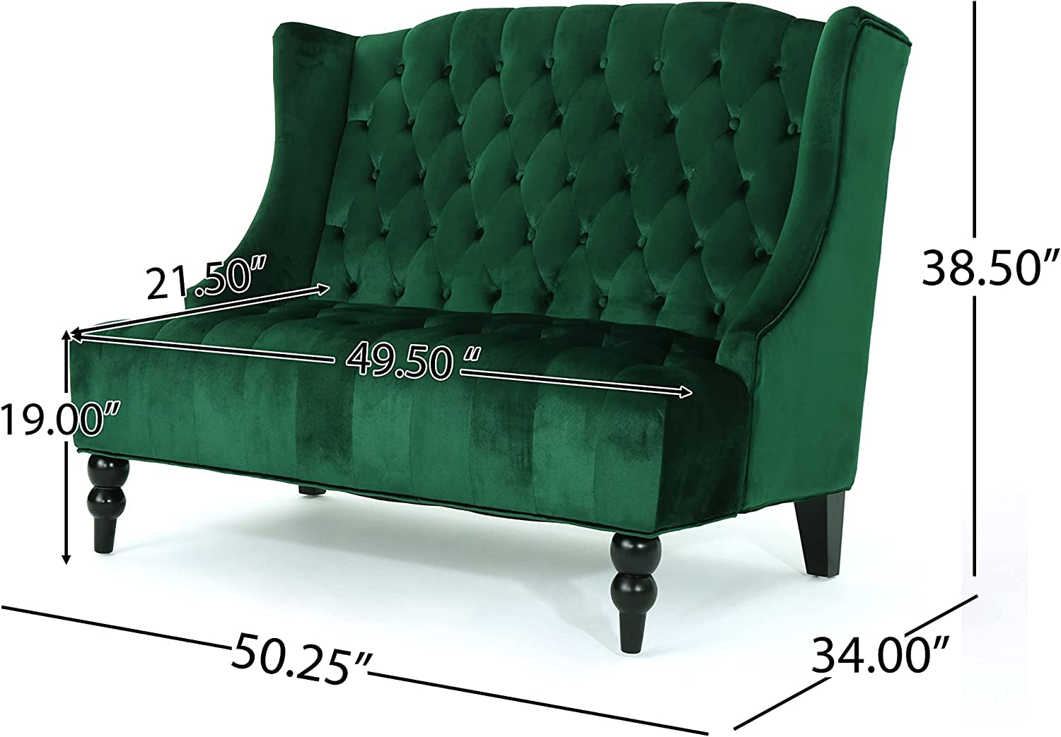 Leora Modern Glam Tufted Velvet Wingback Loveseat, Emerald / Dark Brown