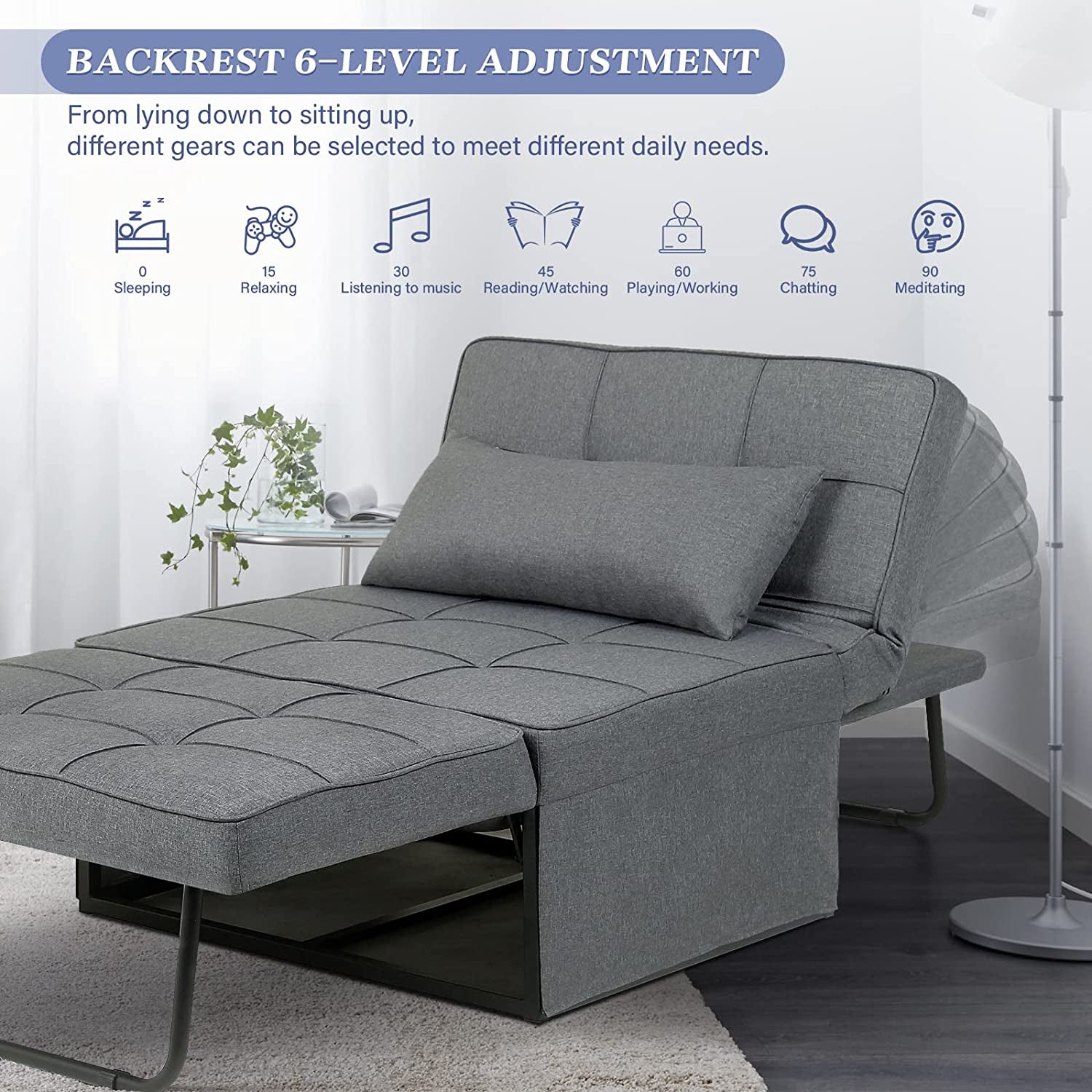 Sofa Bed, 4 in 1 Multi Function Folding Ottoman Sleeper Bed, Modern Convertible Chair Adjustable Backrest Sleeper Couch Bed for Living Room/Small Apartment, Light Gray