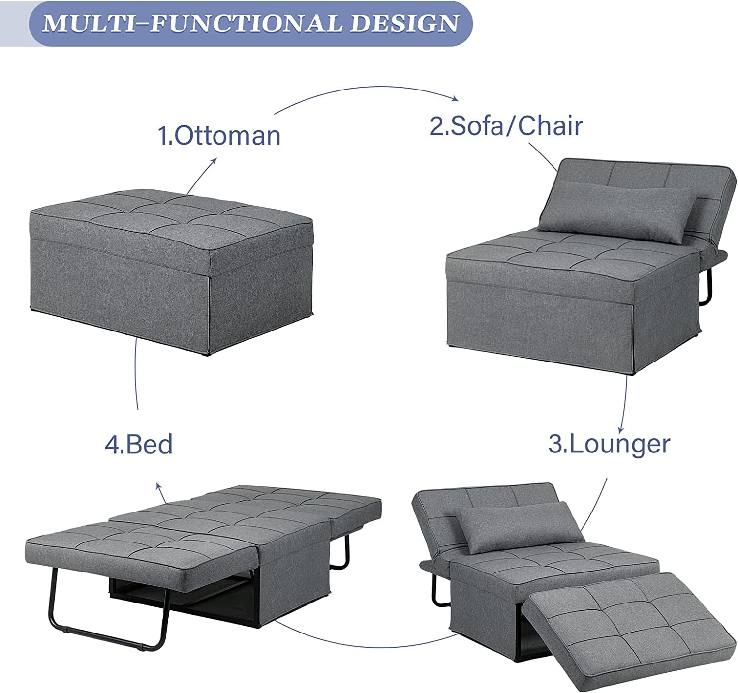 Sofa Bed, 4 in 1 Multi Function Folding Ottoman Sleeper Bed, Modern Convertible Chair Adjustable Backrest Sleeper Couch Bed for Living Room/Small Apartment, Light Gray