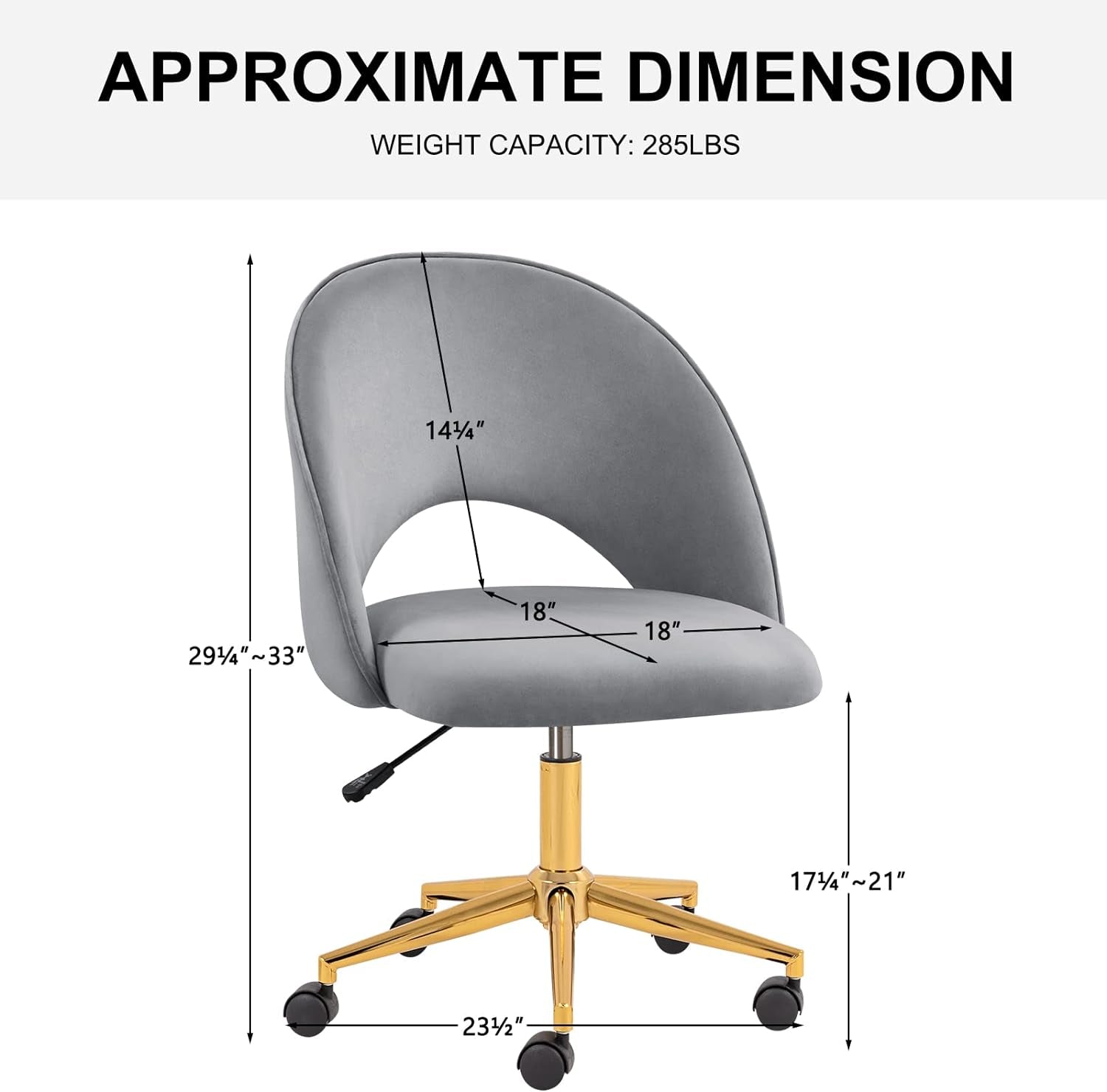 Home Office Chair Modern Swivel Vanity Chair with Gold Base Armless Cute Task Chair Mid-Back Desk Chair with Wheels for Dorm Living Room Bedroom Studying Room Vanity Room(Light Grey)